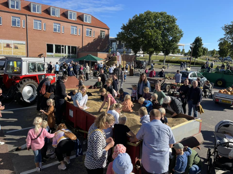 børn i container med korn til høstmarked